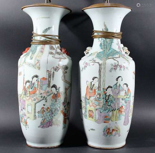 PAIR OF CHINESE ROULEAU VASES, enamelled in the famille rose palette with scenes of maidens and