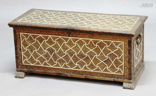 ISLAMIC WOOD AND BONE INLAID CHEST, probably 18th century, the top and sides carved with a