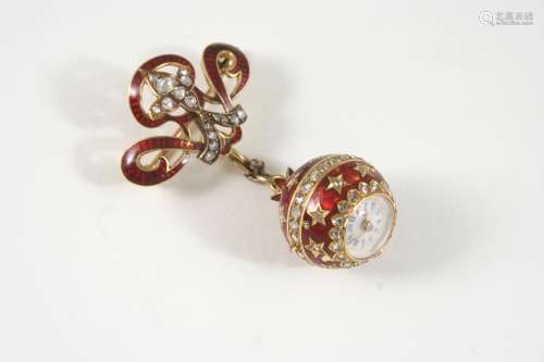 A VICTORIAN DIAMOND AND ENAMEL FOB WATCH the red guilloche enamel mount is set with graduated rose-