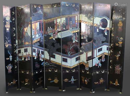 CHINESE BLACK LACQUERED EIGHT FOLD SCREEN, one side decorated with a courtyard scene, the reverse