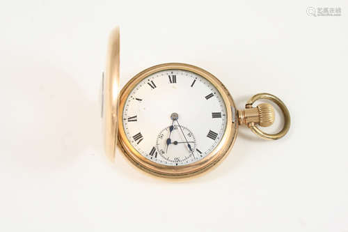 A GOLD PLATED HALF HUNTING CASED POCKET WATCH the white enamel dial with Roman numerals and