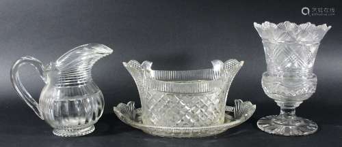 CUT GLASS CENTRE PIECE AND STAND, early 19th century, of two handled oval form with strawberry cut