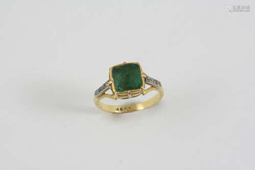 A GEORGIAN EMERALD AND DIAMOND RING the foil backed square-shaped emerald is set with four rose-