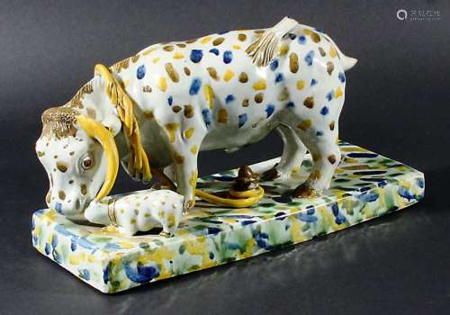 STAFFORDSHIRE PEARLWARE BULL BAITING GROUP, circa 1800, modelled as a tethered bull and bull terrier