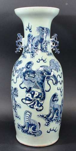 CHINESE TWO HANDLED BALUSTER VASE, 20th century, blue painted with lion dogs amongst clouds on a