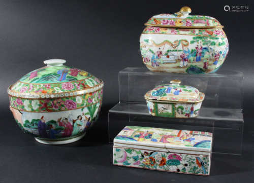 COLLECTION OF CHINESE CANTON WARES, 19th century, comprising three bowls and one cover, soap dish,