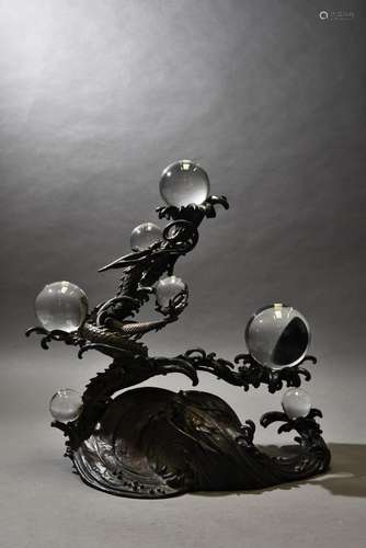 A 'DRAGON' BRONZE SCULPTURE WITH SEVEN CRYSTAL BALLS, 20TH CENTURY