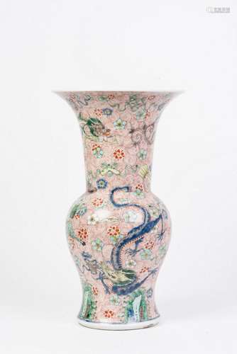 A FAMILLE ROSE PINK GROUND DRAGON GU VASE, LATE QING DYNASTY