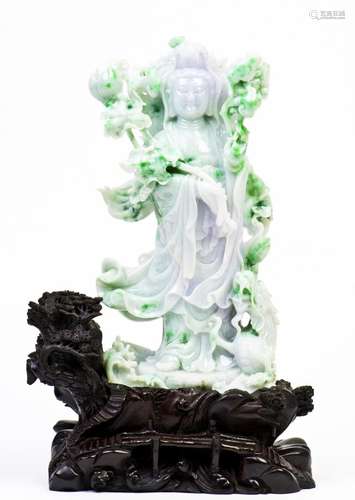 A 'GUAN YIN' JADEITE WITH STAND