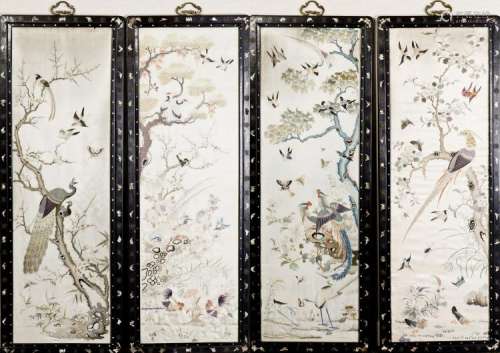 A SET OF FOUR 'BIRD AND FLOWER' EMBROIDERY WITH FRAME, QING DYNASTY, 19TH CENTURY