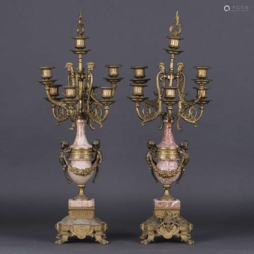 A PAIR OF FRENCH GILT-BRONZE MARBLE CANDLESTICKS