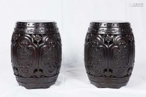 A PAIR OF CARVED 'ZITAN' AND MIXED HARDWOOD STOOLS