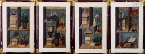 A SET OF FOUR STILL LIFE PORTRAIT WOODEN PAINTINGS, QING DYNASTY, QIANLONG PERIOD