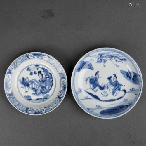 TWO BLUE AND WHITE 'FIGURE' WITH CHENGHUA MARK PLATES , QING DYNASTY, KANGXI PERIOD