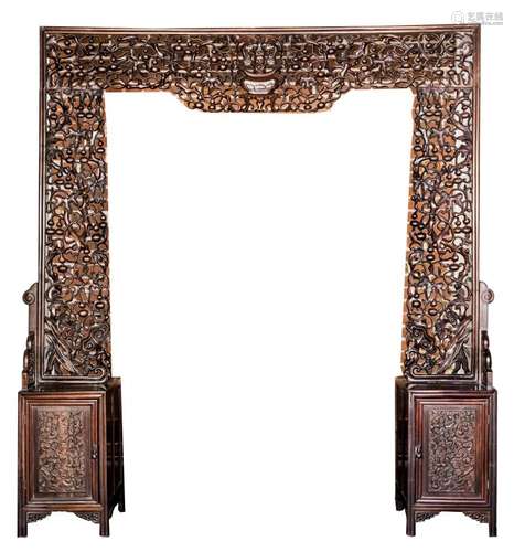 A MASSIVE HARDWOOD ARCHITECTURAL ELEMENT OPENWORK FRAMED PANEL