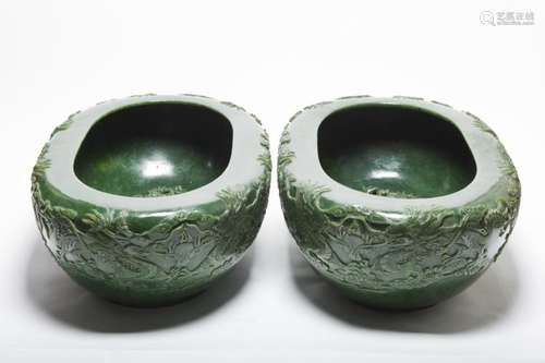 A PAIR OF MASSIVE CARVED SPINACH JADE BASINS