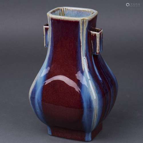 A FLAMBE RED GLAZED FANGHU, VASE, QING DYNASTY