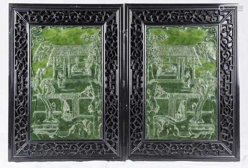 A PAIR OF 'FIGURE' JADE INLAID PANELS IN FRAMES, 20TH CENTURY