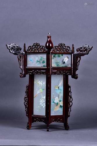 A PAIR OF ROSEWOOD GLASS 'BIRD AND FLOWER' HEXAGONAL LANTERNS