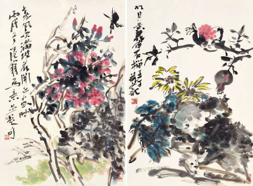 吴冠南（b.1950） 花卉 （二帧） 镜心 设色纸本