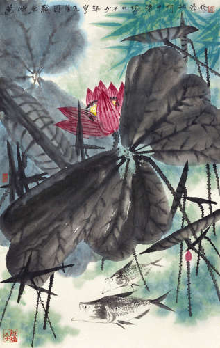薛亮（b.1956） 莲池鱼戏图 镜心 设色纸本
