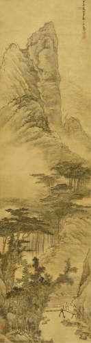 邹喆（1625～约1684后） 1677年作 溪桥策杖图 立轴 设色绫本