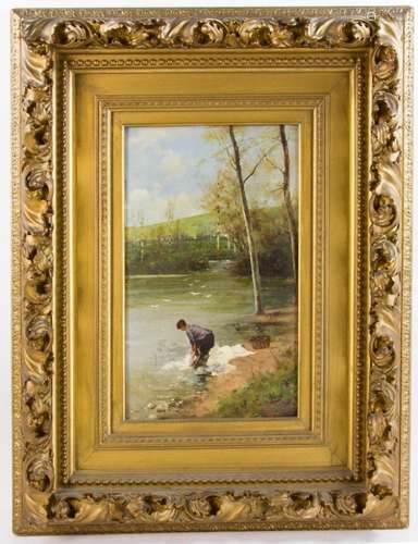 19th C., Lady at Water's Edge, Oil on Canvas