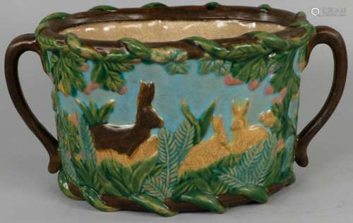 Majolica Rabbit Motif Handled Planter