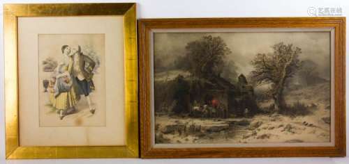 (2) 19th C. Prints, Courting Couple, Winter Landscape
