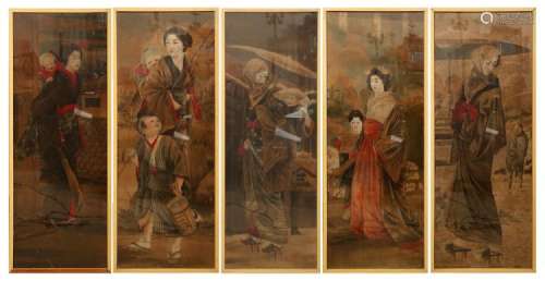 Five 19th C. Japanese Paintings of Geisha