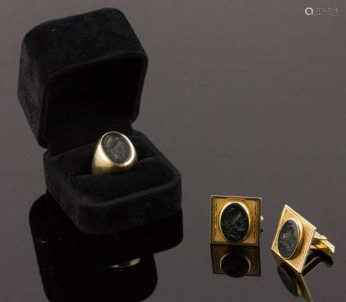 Suite of 14k Gold and Bloodstone Intaglio Jewelry