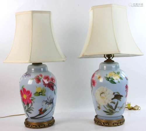 Pair of Decorated Glass Lamps with Floral Motif