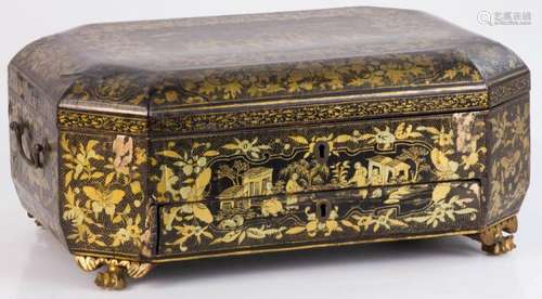 19th C. Chinese Black Lacquered Sewing Box