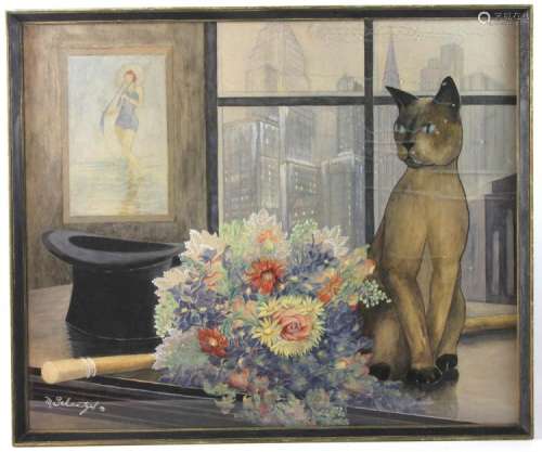 May Schaetzel, Cat by the Window, Watercolor