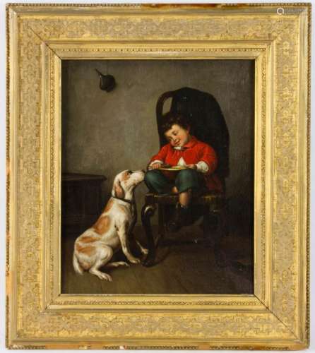 19th C. Continental Oil on Canvas Boy with Dog