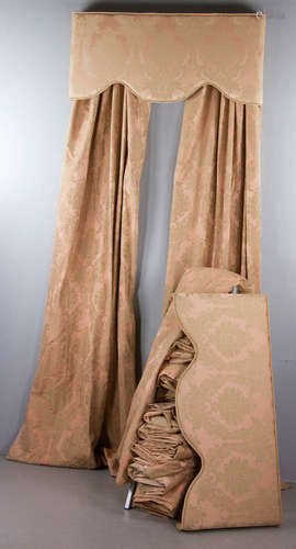 (6) Pairs of Beach Beige Damask Drapes w/ Cornices