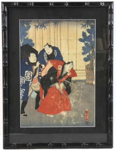 19th C. Japanese Wood Block with Emroidered Picture