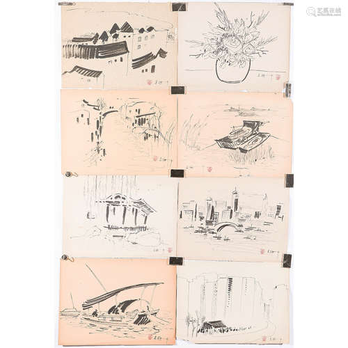 WU GUANZHONG: SET OF EIGHT INK ON PAPER SKETCHES
