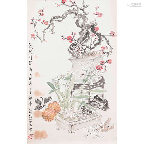KONG XIAOYU: INK AND COLOR ON PAPER PAINTING 'FLOWERS'