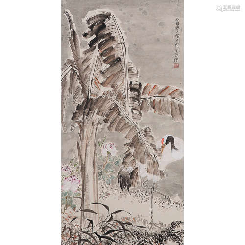 LIU KUILING: INK AND COLOR ON PAPER PAINTING 'CRANE'