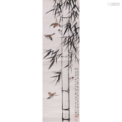 XU BEIHONG: INK AND COLOR ON PAPER PAINTING 'BIRDS AND BAMBOO'