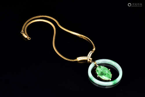 14K YELLOW GOLD NECKLACE JADEITE BANGLE AND PENDANT WITH DIAMONDS