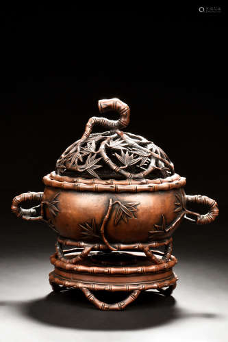 BRONZE CAST 'BAMBOO' TRIPOD CENSER WITH COVER AND STAND
