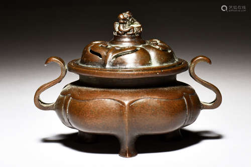 BRONZE CAST TRIPOD CENSER WITH RAISED HANDLES AND COVER