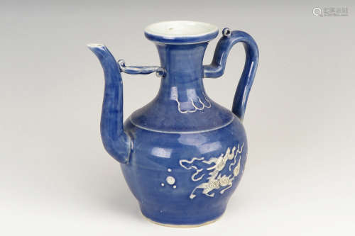 MONOCHROME BLUE GLAZED 'QILIN' EWER