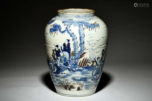 BLUE AND WHITE UNDERGLAZED RED 'EIGHT IMMORTALS' JAR