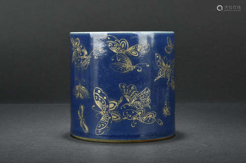 BLUE GLAZE AND GILT DECORATED BRUSH POT