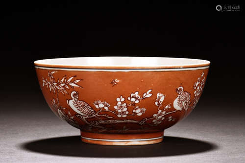 CORAL GROUND 'FLOWERS AND BIRDS' BOWL