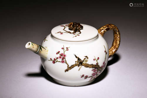 ENAMEL PAINTED 'BIRDS AND FLOWERS' TEAPOT