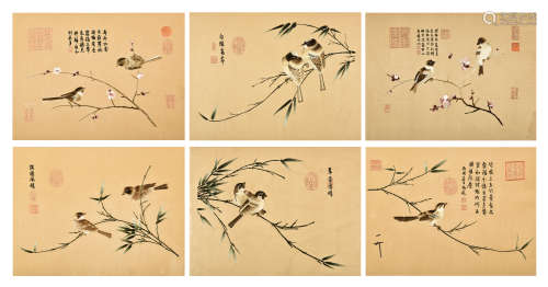 GROUP OF SIX SILK EMBROIDERED 'BIRDS' PANELS